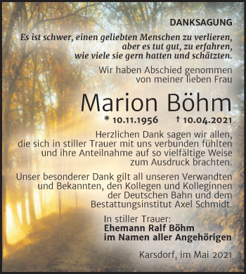 Traueranzeige von Marion Böhm von Wochenspiegel Naumburg/Nebra