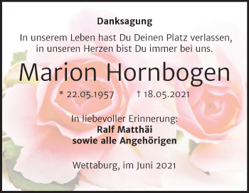 Traueranzeige von Marion Hornbogen von Wochenspiegel Naumburg/Nebra