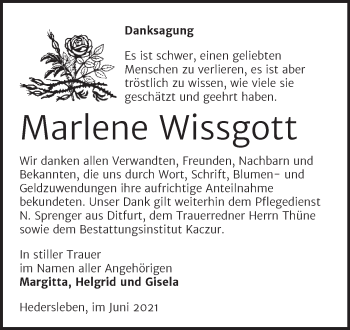 Traueranzeige von Marlene Wissgott von Trauerkombi Quedlinburg