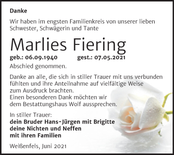 Traueranzeige von Marlies Fiering von Trauerkombi Weißenfels