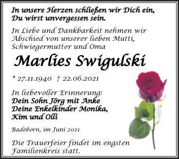 Traueranzeige von Marlies Swigulski von Trauerkombi Quedlinburg