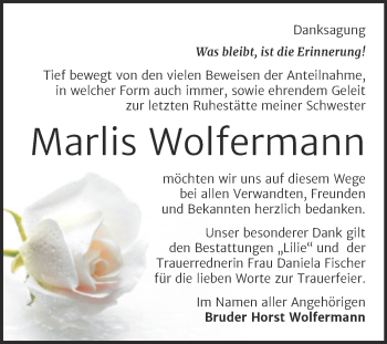 Traueranzeige von Marlis Wolfermann von Trauerkombi Dessau