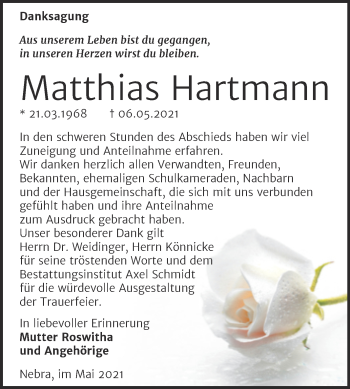 Traueranzeige von Matthias Hartmann von Wochenspiegel Naumburg/Nebra