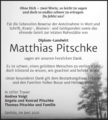 Traueranzeige von Matthias Pitschke von Trauerkombi Bernburg