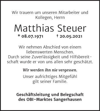 Traueranzeige von Matthias Steuer von Mitteldeutsche Zeitung Sangerhausen