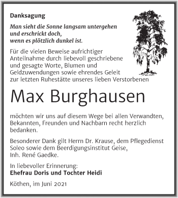 Traueranzeige von Max Burghausen von Trauerkombi Köthen