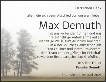 Traueranzeige von Max Demuth von Trauerkombi Merseburg