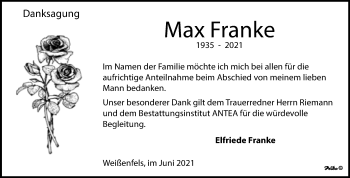 Traueranzeige von Max Franke von Trauerkombi Weißenfels