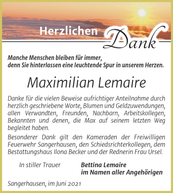 Traueranzeige von Maximilian Lemaire von Trauerkombi Sangerhausen