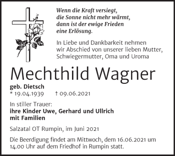 Traueranzeige von Mechthild Wagner von Mitteldeutsche Zeitung Halle/Saalkreis