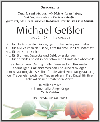 Traueranzeige von Michael Geßler von Trauerkombi Mansfelder Land