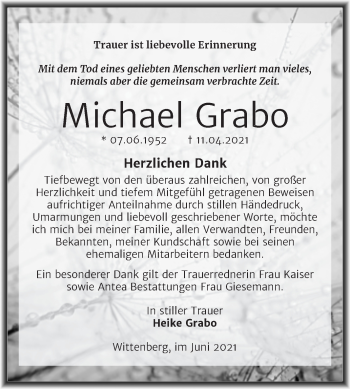 Traueranzeige von Michael Grabo von Trauerkombi Wittenberg