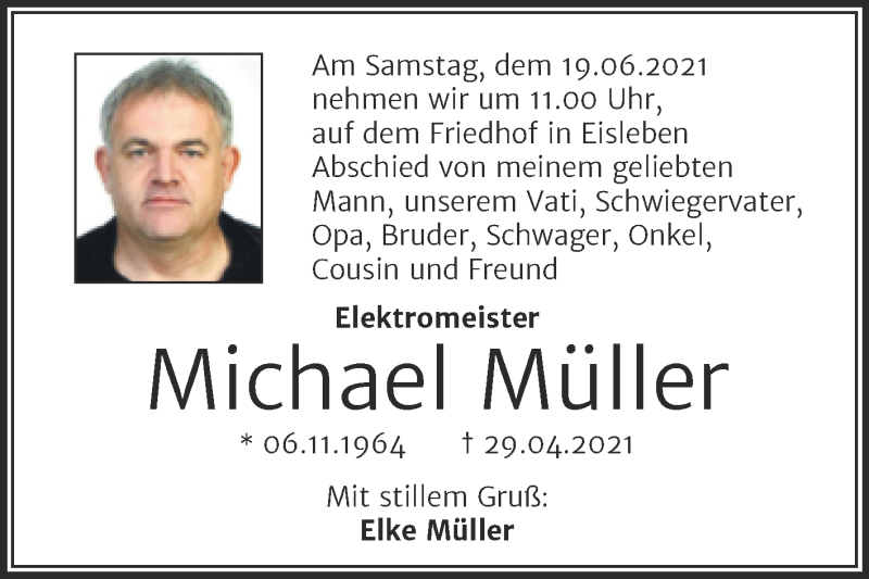  Traueranzeige für Michael Müller vom 05.06.2021 aus Trauerkombi Mansfelder Land