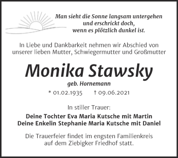 Traueranzeige von Monika Stawsky von Trauerkombi Dessau