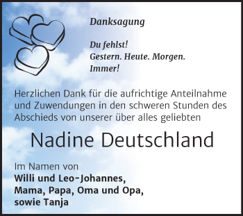 Traueranzeige von Nadine Deutschland von Naumburger Tageblatt
