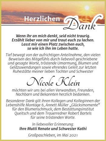 Traueranzeige von Nicole Klein von Trauerkombi Köthen
