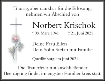 Traueranzeige von Norbert Krischok von Trauerkombi Quedlinburg
