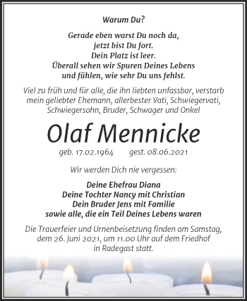 Traueranzeige von Olaf Mennicke von Trauerkombi Köthen
