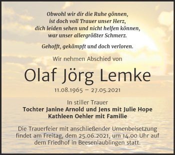 Traueranzeige von Olaf Jörg Lemke von Trauerkombi Bernburg
