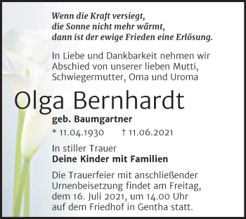 Traueranzeige von Olga Bernhardt von Trauerkombi Wittenberg