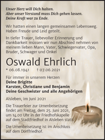 Traueranzeige von Oswald Ehrlich von Trauerkombi Bernburg