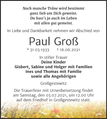 Traueranzeige von Paul Groß von Wochenspiegel Naumburg/Nebra