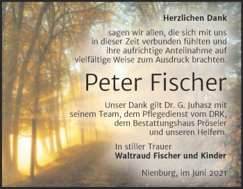 Traueranzeige von Peter Fischer von Trauerkombi Bernburg