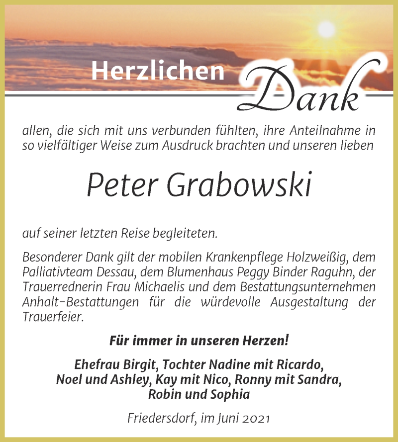  Traueranzeige für Peter Grabowski vom 19.06.2021 aus Trauerkombi Bitterfeld