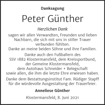 Traueranzeige von Peter Günther von Trauerkombi Mansfelder Land