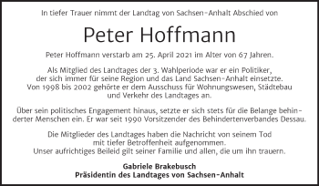Traueranzeige von Peter Hoffmann von Mitteldeutsche Zeitung Gesamt Sachsen-Anhalt Süd
