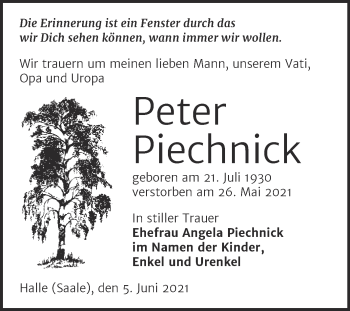 Traueranzeige von Peter Piechnick von Mitteldeutsche Zeitung Halle/Saalkreis