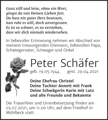Traueranzeige von Peter Schäfer von Trauerkombi Bitterfeld