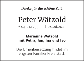 Traueranzeige von Peter Wätzold von Mitteldeutsche Zeitung Halle/Saalkreis