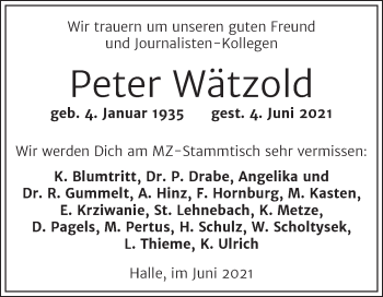 Traueranzeige von Peter Wätzold von Mitteldeutsche Zeitung Halle/Saalkreis