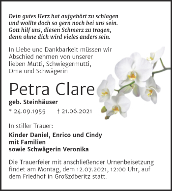 Traueranzeige von Petra Clare von Trauerkombi Bitterfeld