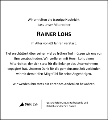 Traueranzeige von Rainer Lohs von Mitteldeutsche Zeitung Halle/Saalkreis