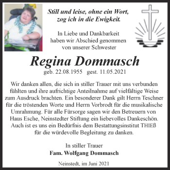 Traueranzeige von Regina Dommasch von Trauerkombi Quedlinburg