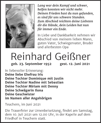 Traueranzeige von Reinhard Geißner von Trauerkombi Weißenfels