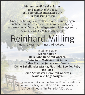 Traueranzeige von Reinhard Milling von Trauerkombi Wittenberg
