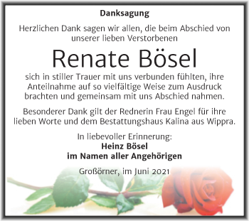 Traueranzeige von Renate Bösel von Trauerkombi Mansfelder Land