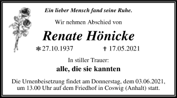 Traueranzeige von Renate Hönicke von Trauerkombi Wittenberg