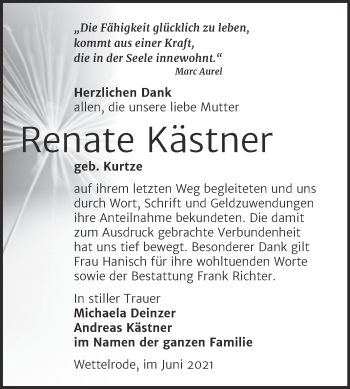 Traueranzeige von Renate Kästner von Trauerkombi Sangerhausen