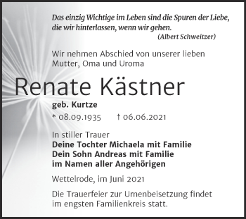 Traueranzeige von Renate Kästner von Trauerkombi Sangerhausen