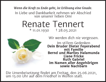 Traueranzeige von Renate Tennert von Trauerkombi Bitterfeld