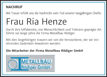 Traueranzeige von Ria Henze von Mitteldeutsche Zeitung Merseburg/Querfurt