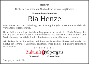 Traueranzeige von Ria Henze von Mitteldeutsche Zeitung Merseburg/Querfurt