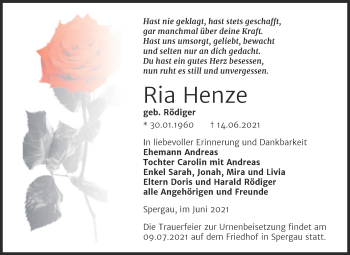 Traueranzeige von Ria Henze von Trauerkombi Merseburg