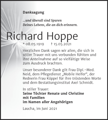 Traueranzeige von Richard Hoppe von Wochenspiegel Naumburg/Nebra
