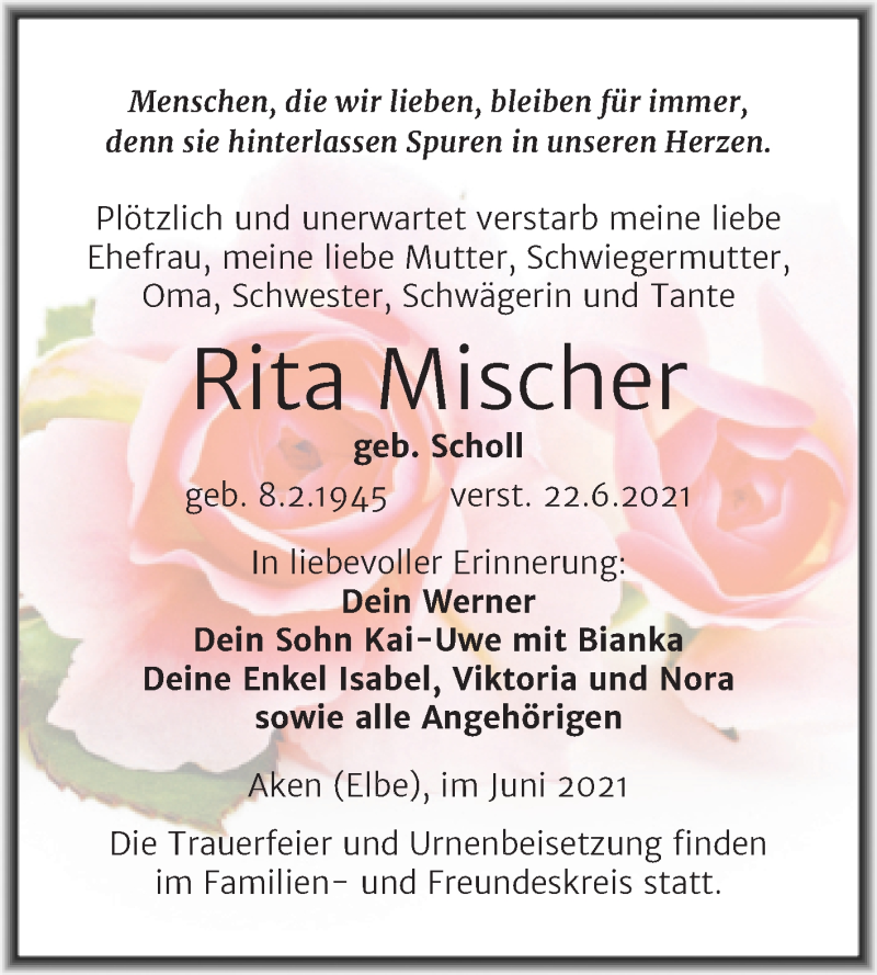  Traueranzeige für Rita Mischer vom 25.06.2021 aus Trauerkombi Köthen