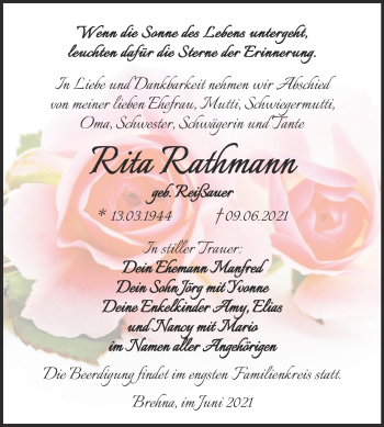 Traueranzeige von Rita Rathmann von Trauerkombi Bitterfeld